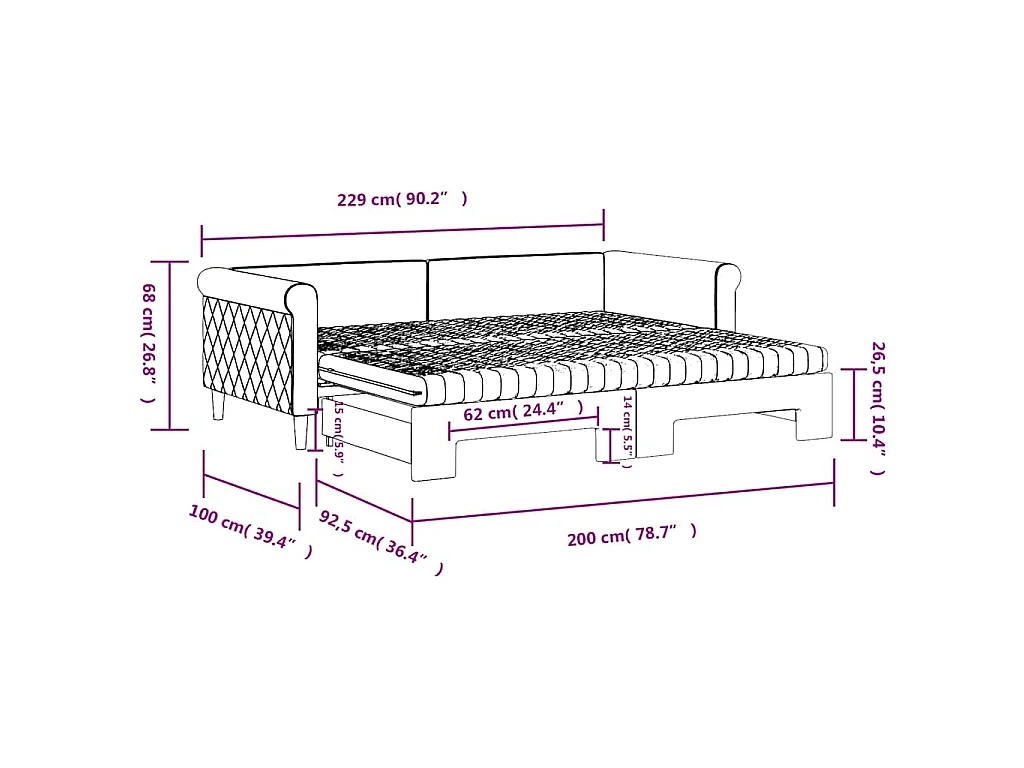 Lit de jour avec gigogne et matelas vert foncé 90x200cm velours