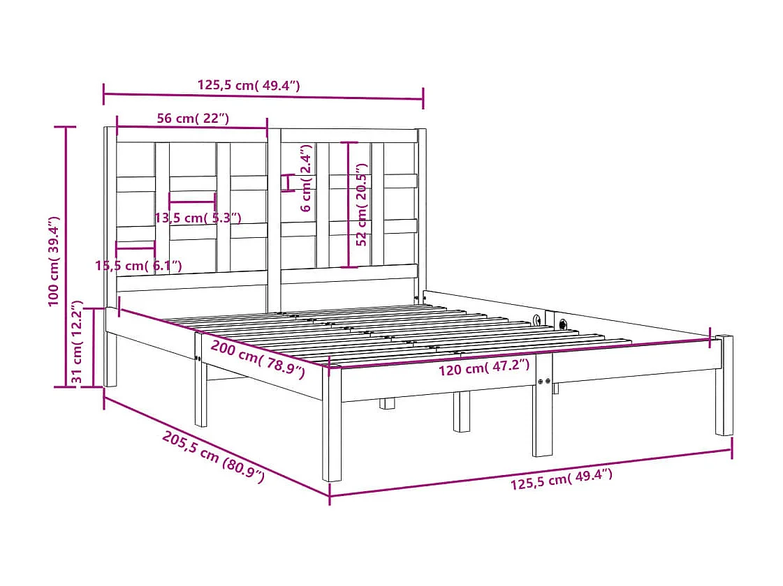Cadre de lit sans matelas marron miel 120x200 cm bois massif