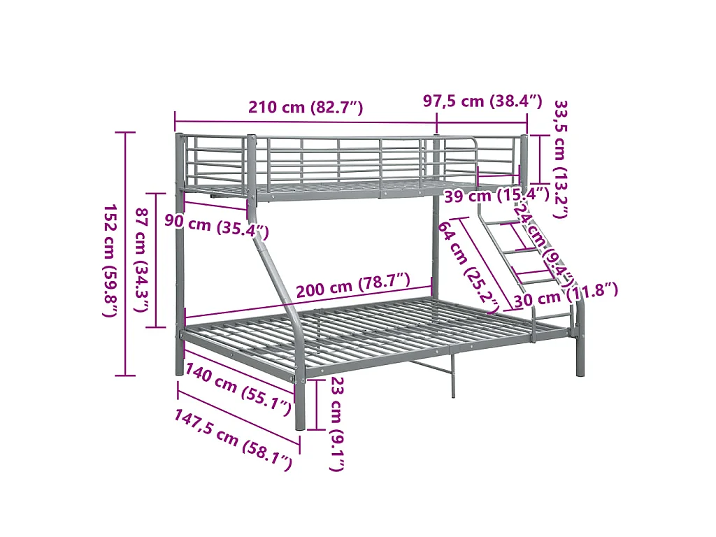 Cadre de lit superposé sans matelas gris 140x200 cm/90x200 cm
