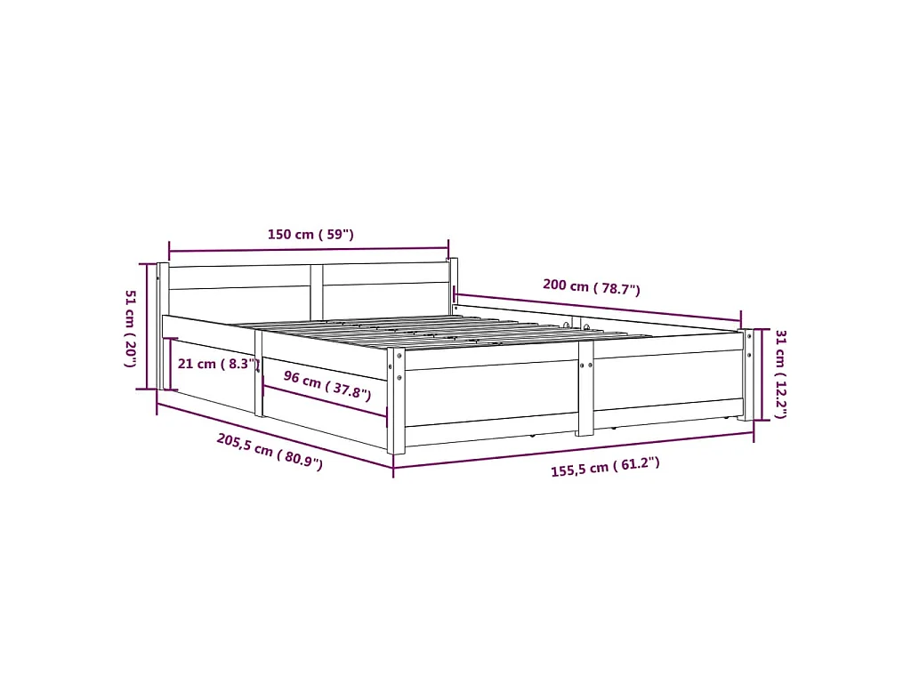 Estrutura de cama com gavetas 150x200cm tamanho King branco