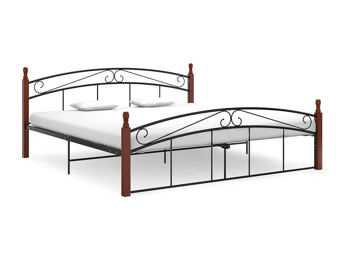Cadre de lit sans matelas noir métal bois chêne 180x200 cm