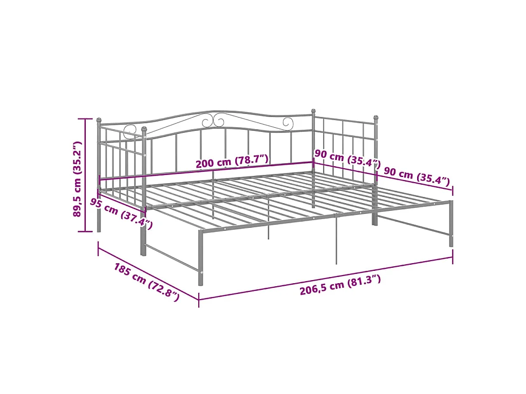Cadre de canapé-lit extensible sans matelas gris métal 90x200cm
