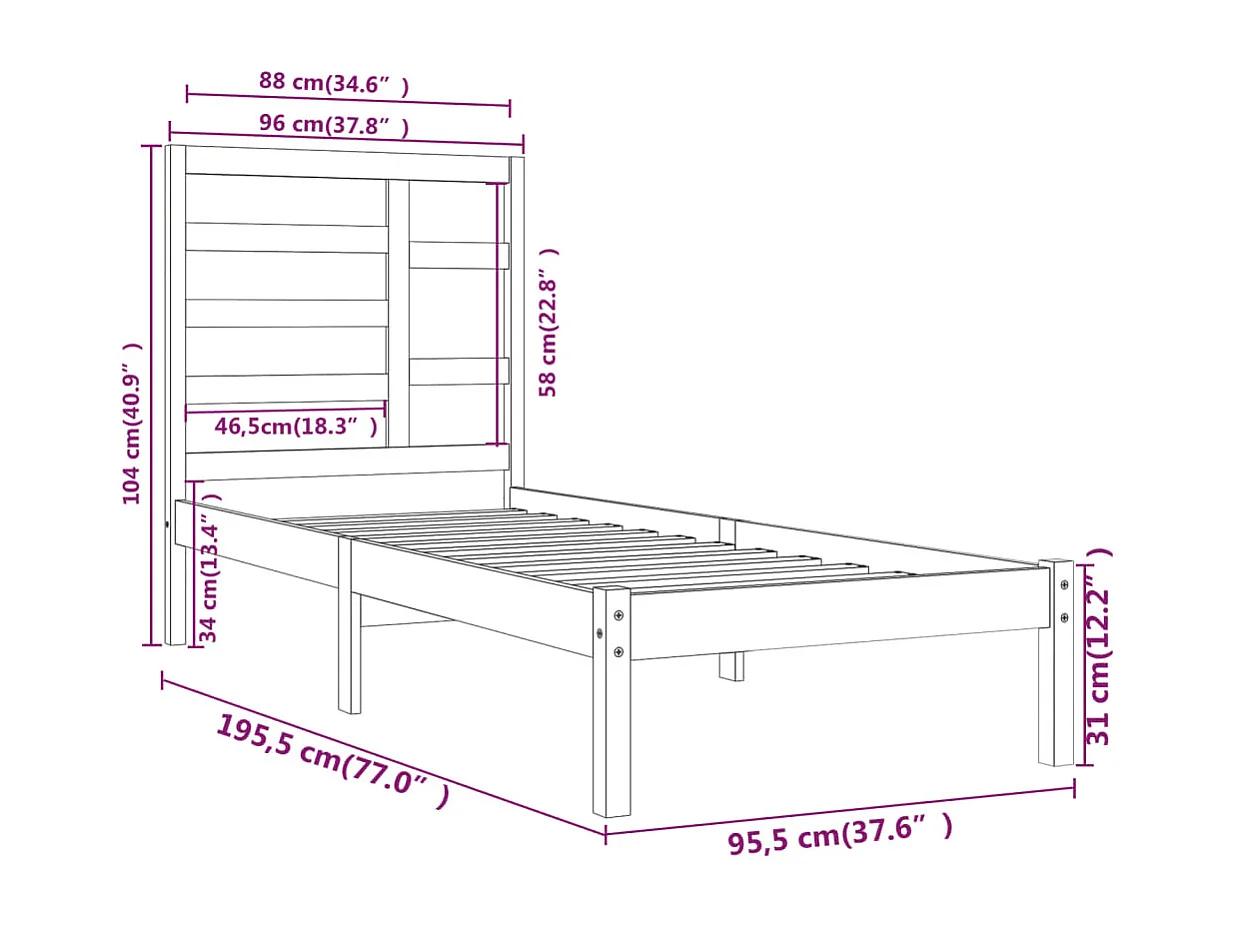 Cadre de lit Noir Bois massif 90x190 cm Simple
