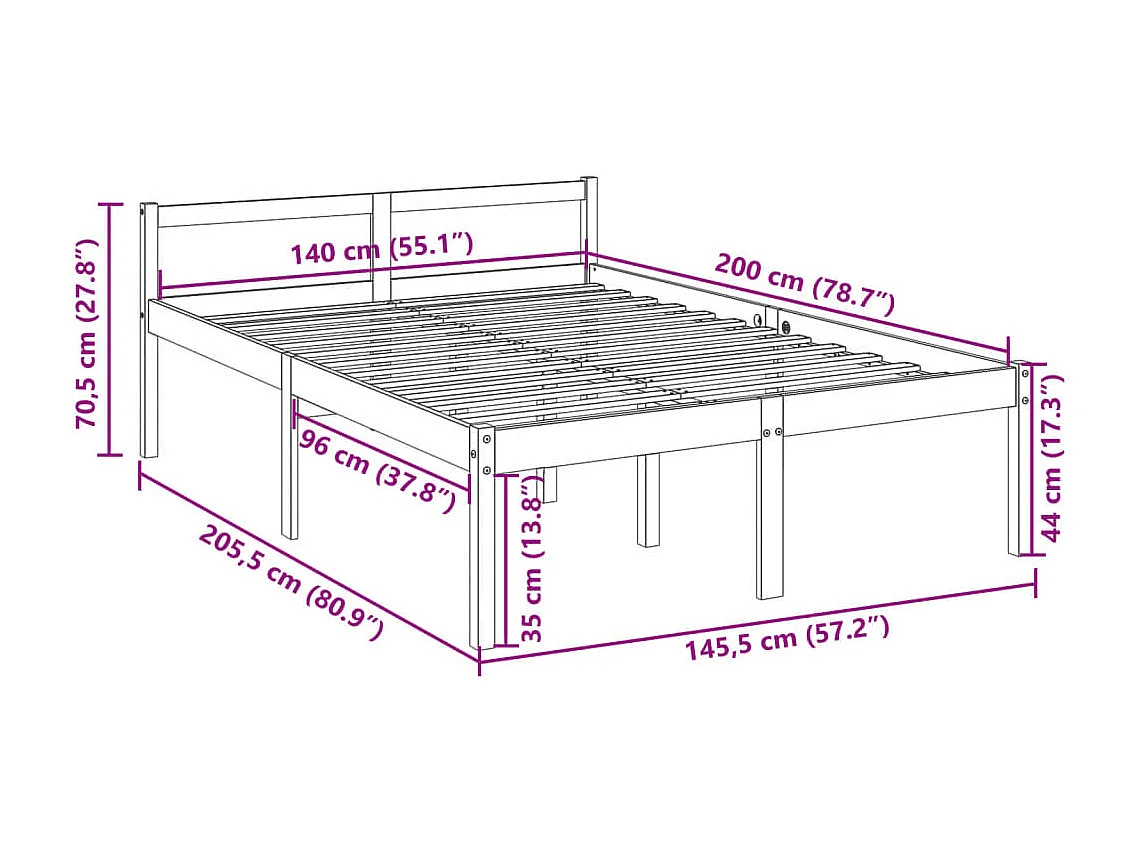 Lit pour personne âgée sans matelas 140x200 cm bois pin massif