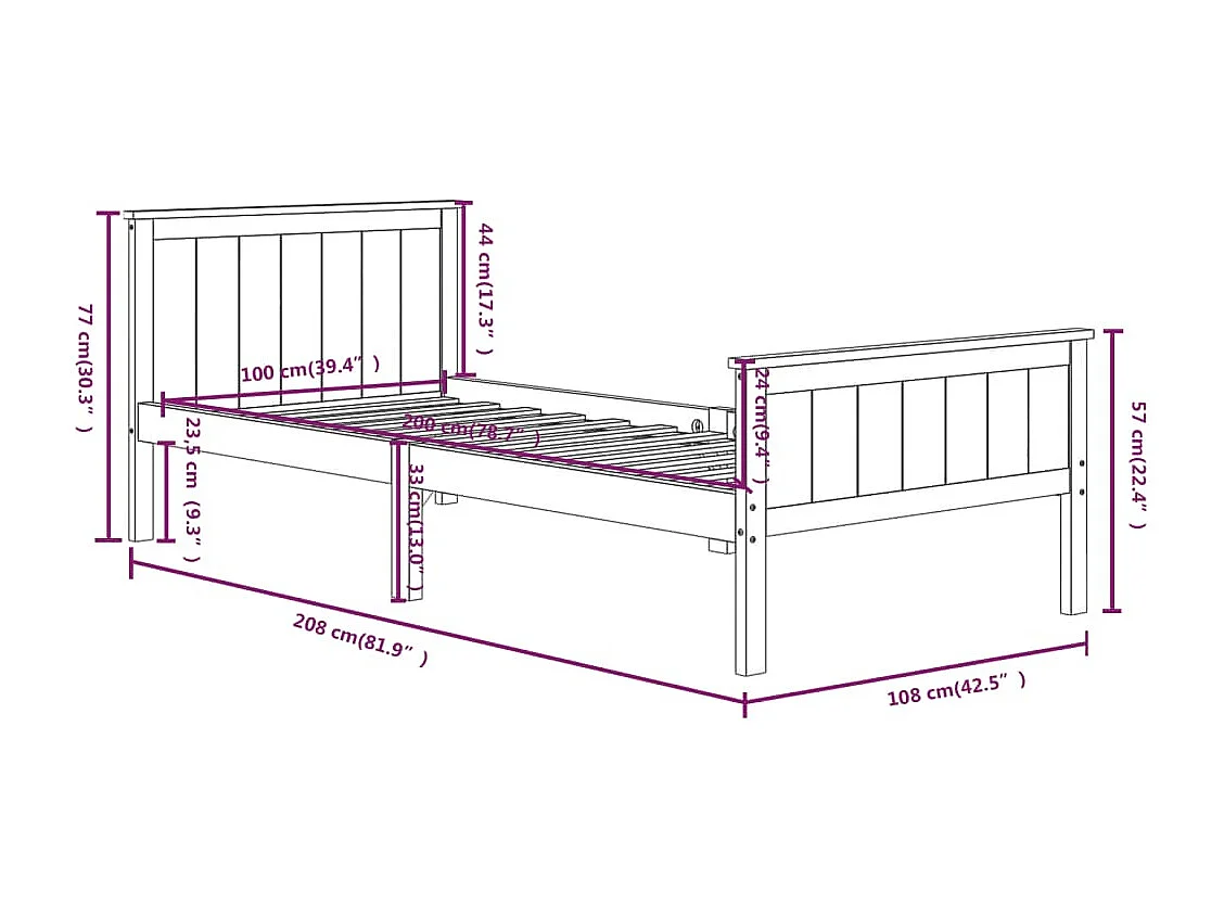 Estrutura de cama 100x200 cm pinho maciço cinzento