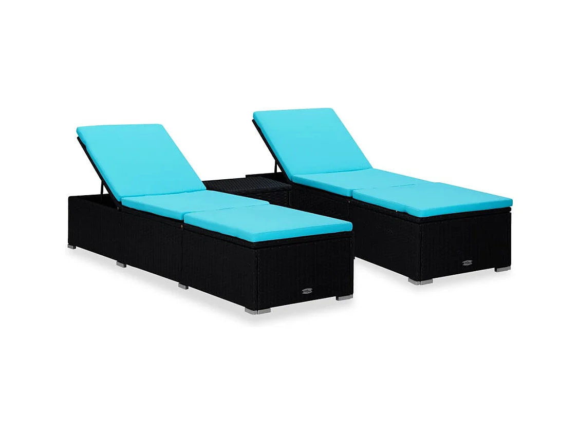 Chaises longues de jardin table à thé 3 pcs Résine tressée Noir