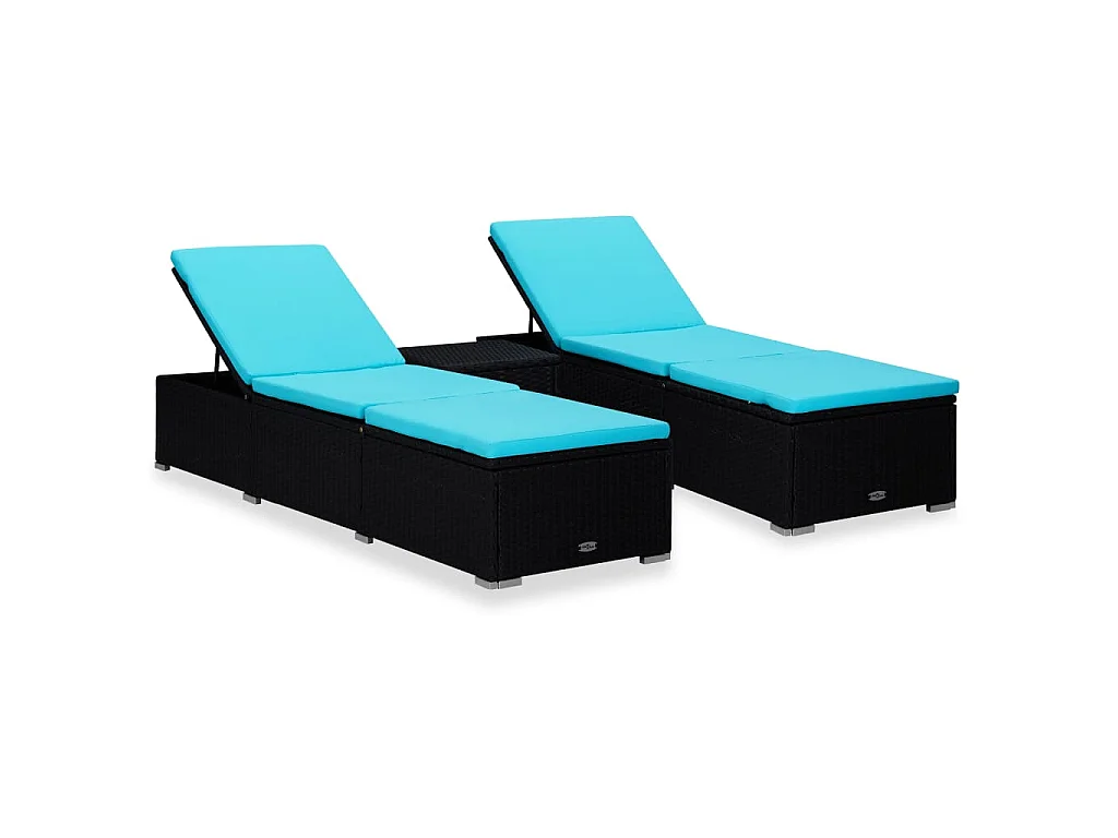 Lettini Prendisole con Tavolino 3 pz in Polyrattan Nero
