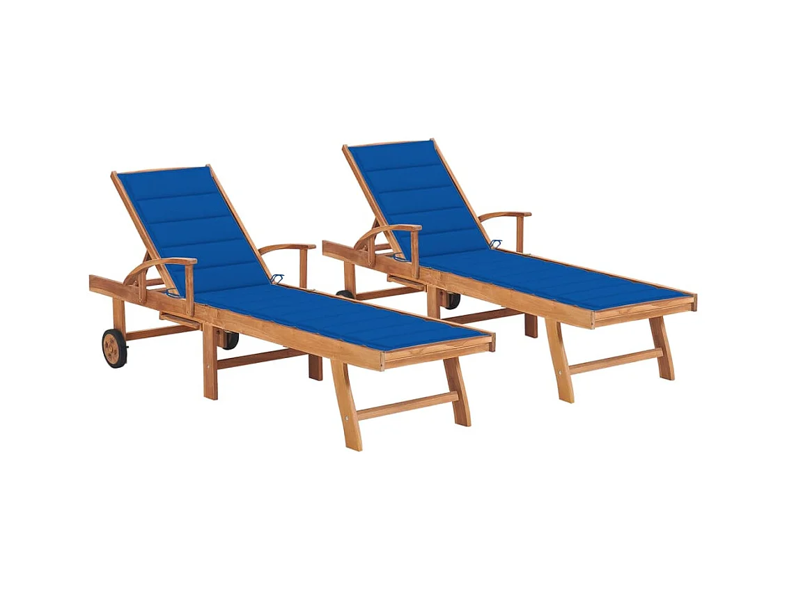 Chaises longues lot de 2 avec coussin bleu royal Teck solide