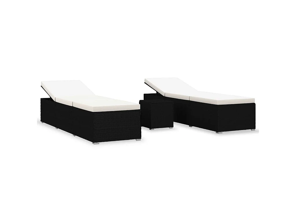 Chaises longues de jardin table à thé 3 pcs Résine tressée Noir