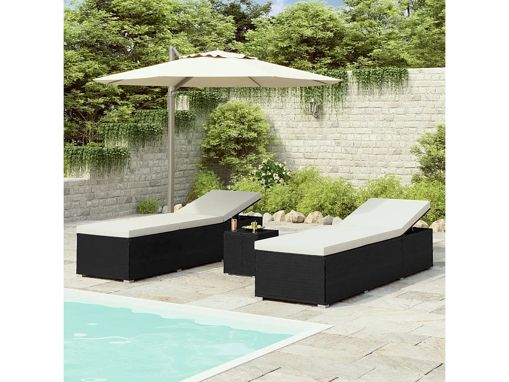 Chaises longues de jardin table à thé 3 pcs Résine tressée Noir