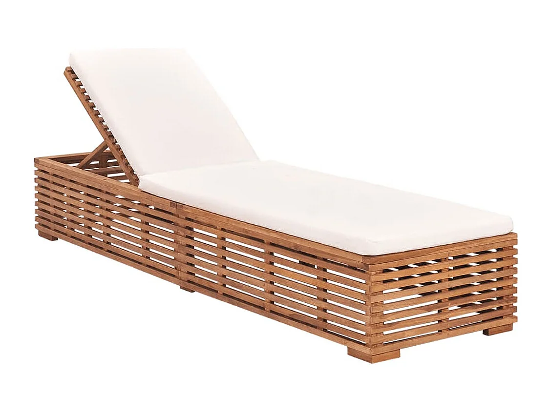Chaise longue avec coussin crème Bois de teck solide