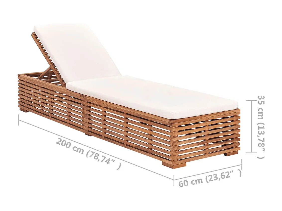 Chaise longue avec coussin crème Bois de teck solide