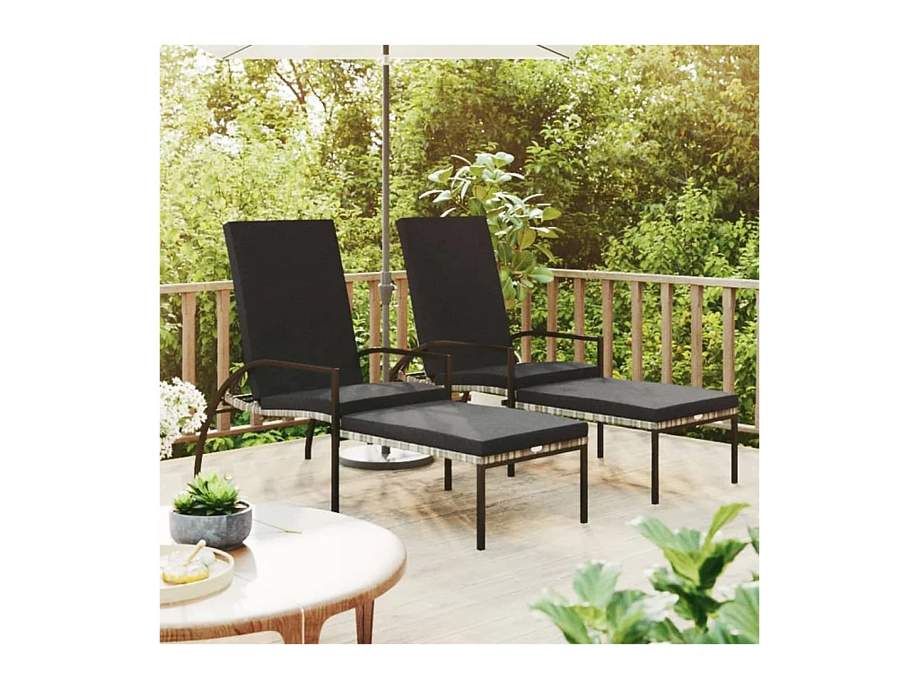 Lettini Prendisole 2 pz con Poggiapiedi in Rattan PE Grigio