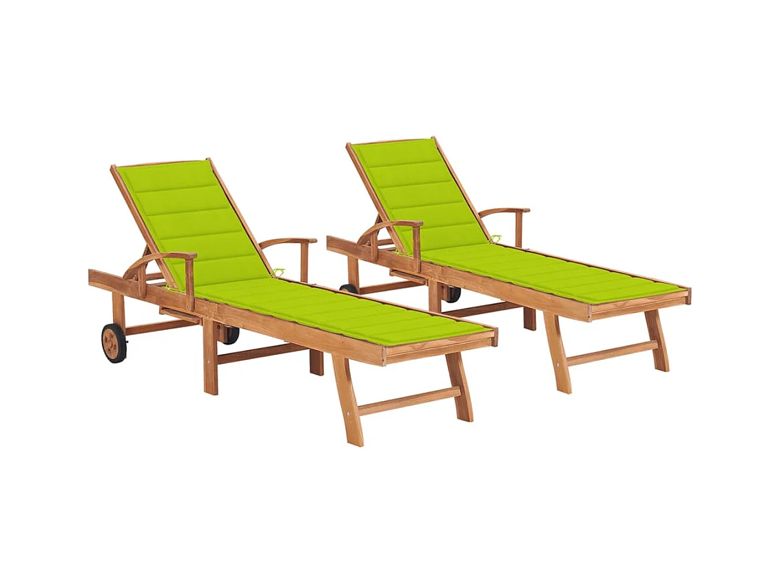 Chaises longues lot de 2 et coussin vert vif Bois teck solide