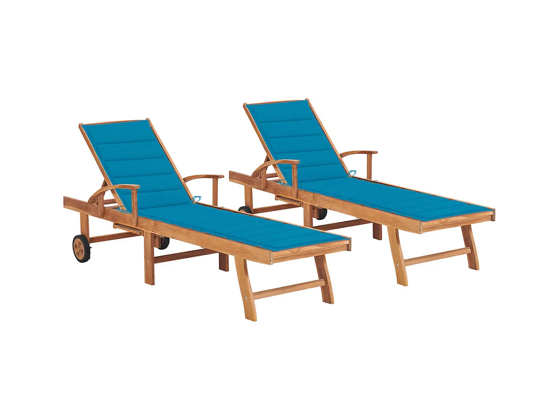 Chaises longues lot de 2 avec coussin bleu Bois de teck solide