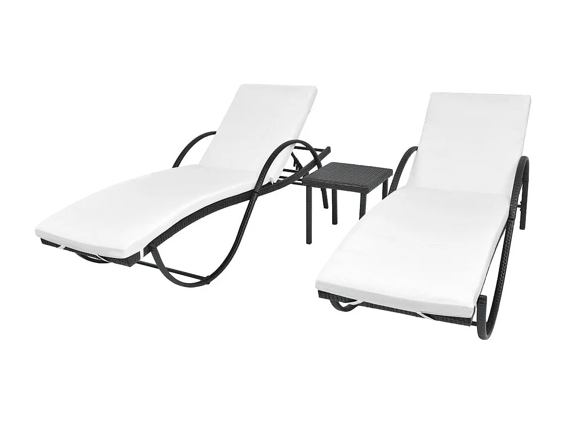 Sonnenliegen 2 Stk. mit Tisch Poly Rattan Schwarz