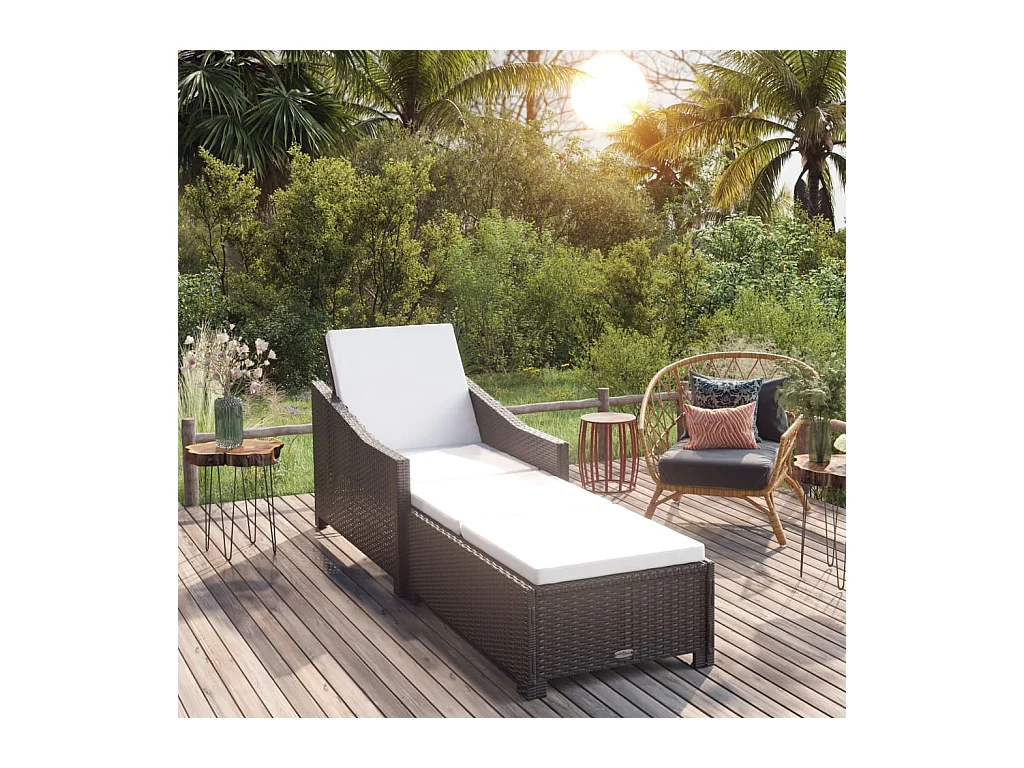 Chaise longue avec coussin blanc crème Résine tressée Noir