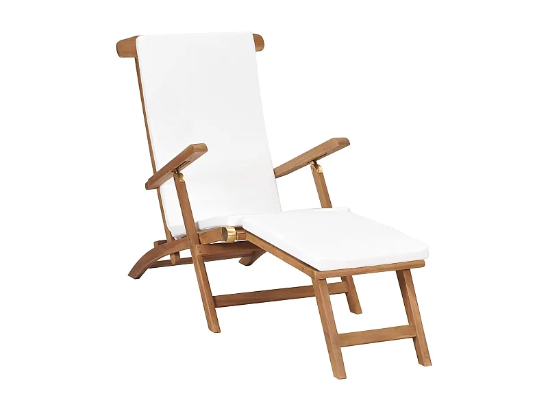 Chaise longue avec coussin Blanc crème Bois de teck solide