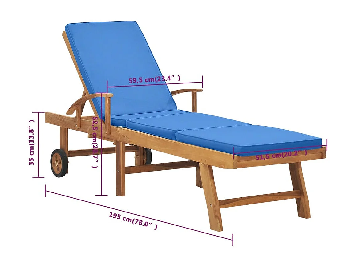 Chaise longue avec coussin Bois de teck solide Bleu