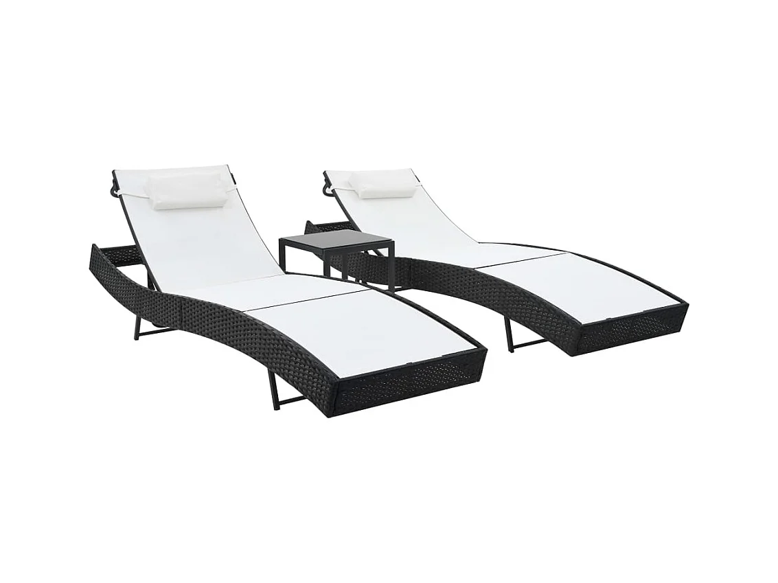 Chaises longues lot de avec table Résine tressée textilène Noir