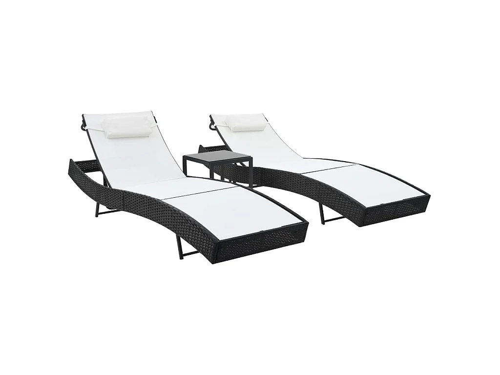 Sonnenliegen 2 Stk. mit Tisch Poly Rattan und Textilene Schwarz