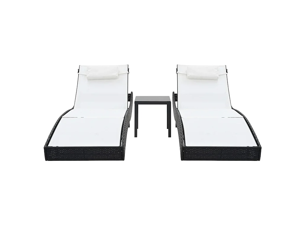 Sonnenliegen 2 Stk. mit Tisch Poly Rattan und Textilene Schwarz