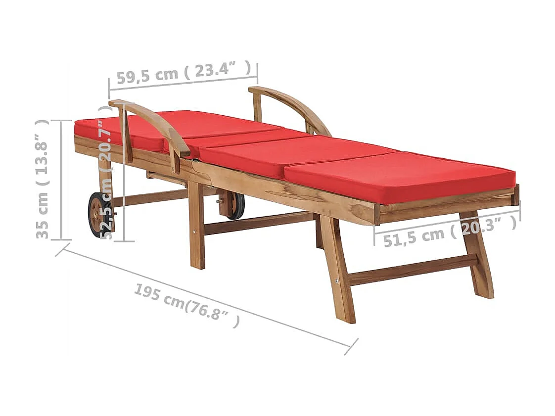 Chaises longues avec coussins 2 pcs Bois de teck solide Rouge