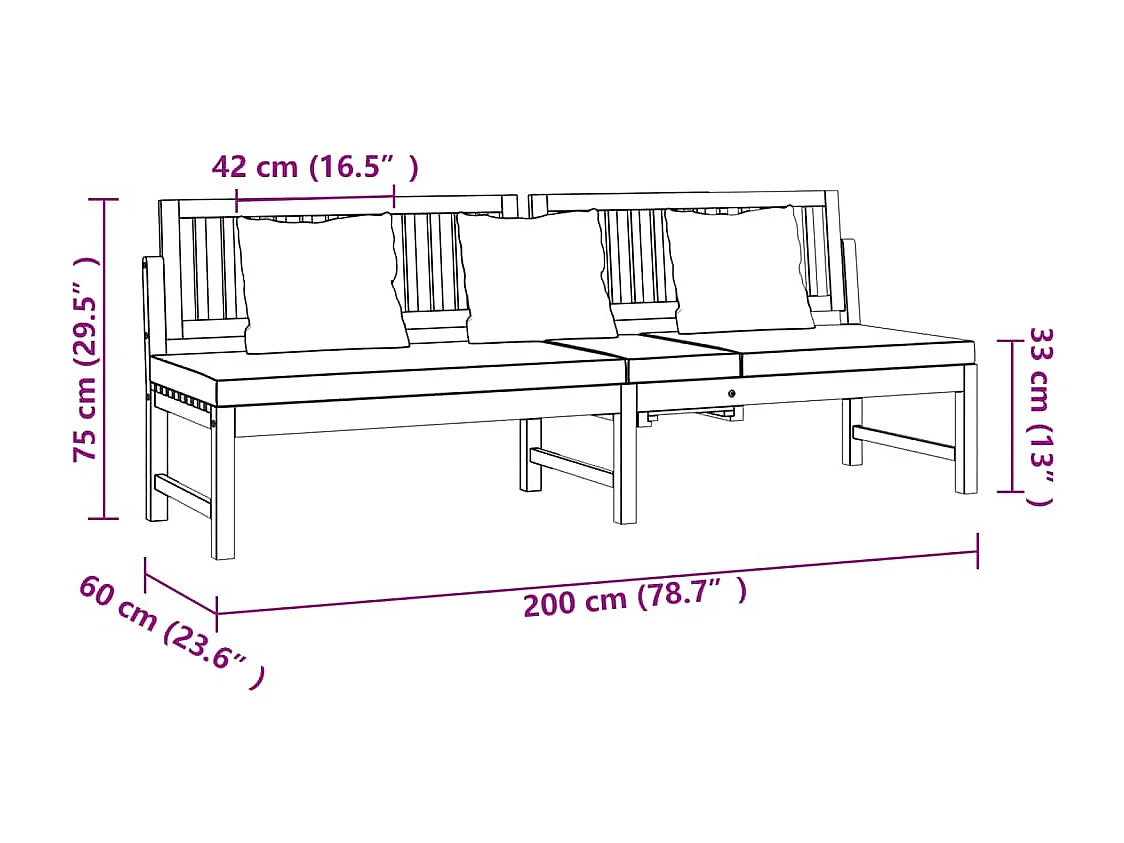 Dormeuse con Cuscino Crema 200x60x75cm Legno Massello di Acacia