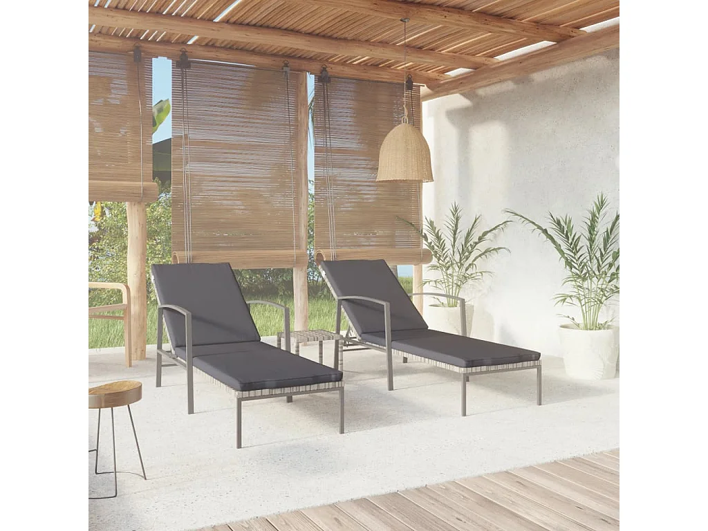 Ligbedden 2 st met tafel poly rattan grijs