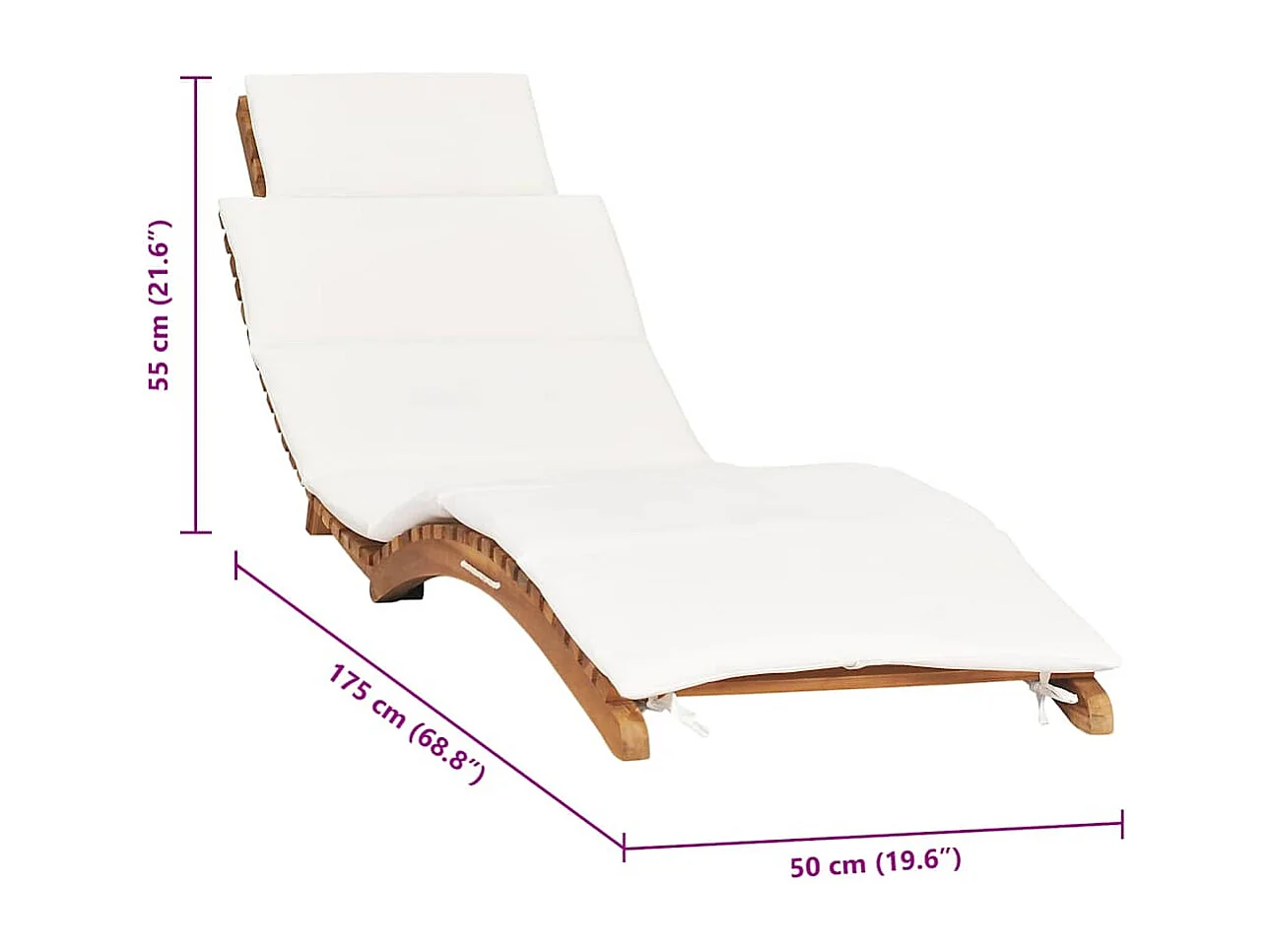 Chaise longue pliable avec coussin blanc crème Bois de teck