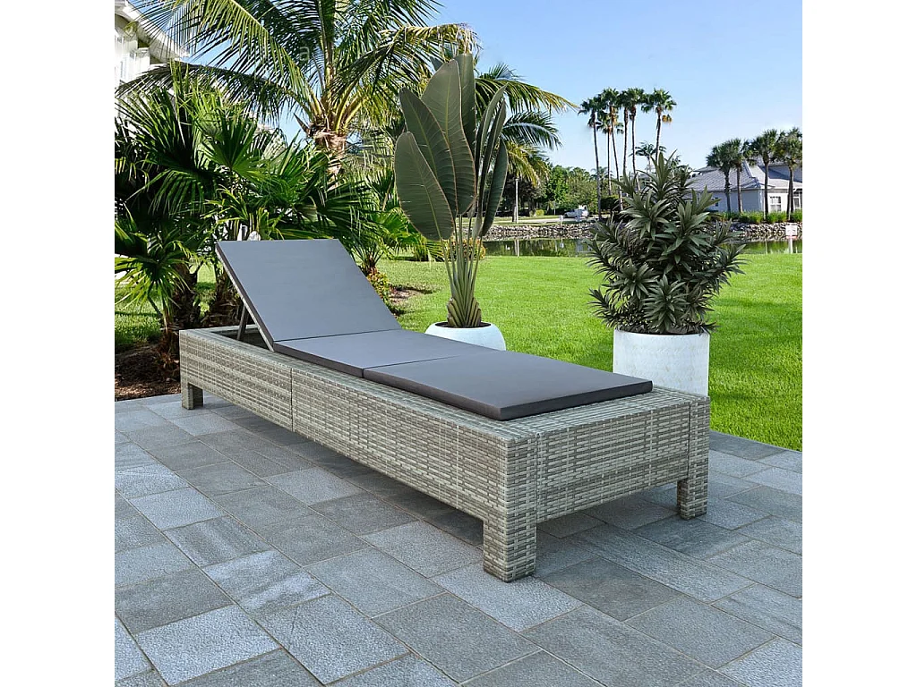 Ligbed met kussen poly rattan grijs