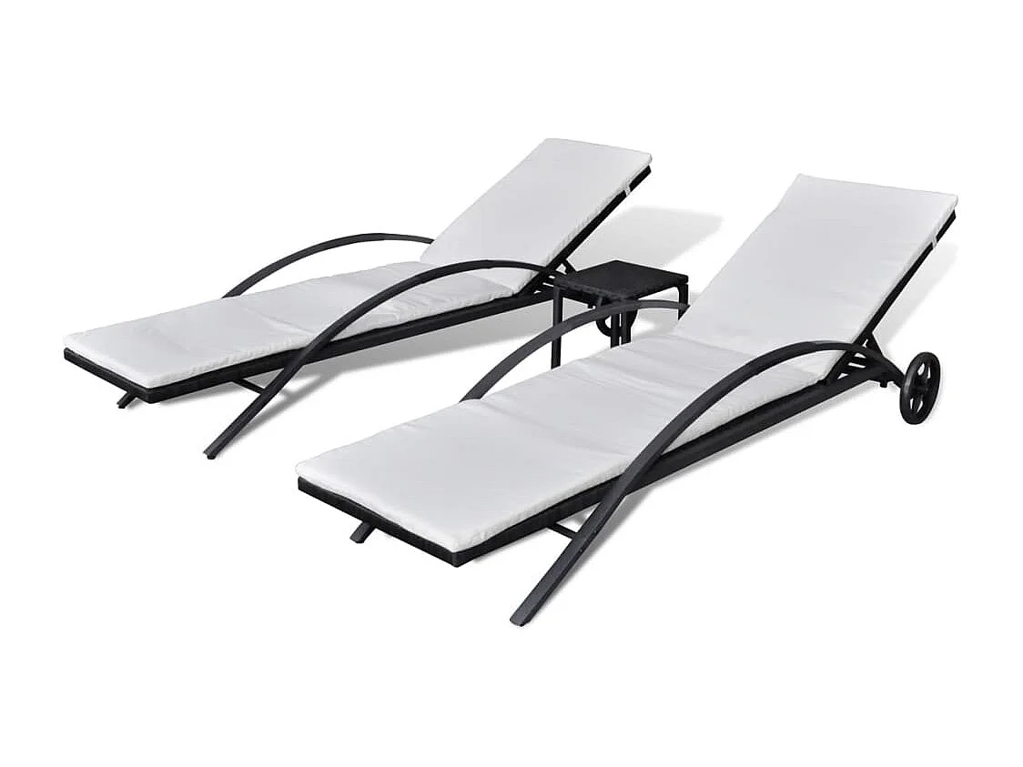 Chaises longues avec table Résine tressée Noir