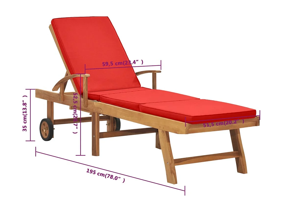 Ligbed met kussen massief teakhout rood