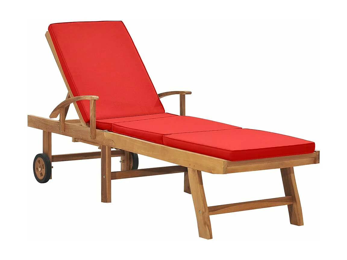Chaise longue avec coussin Bois de teck solide Rouge