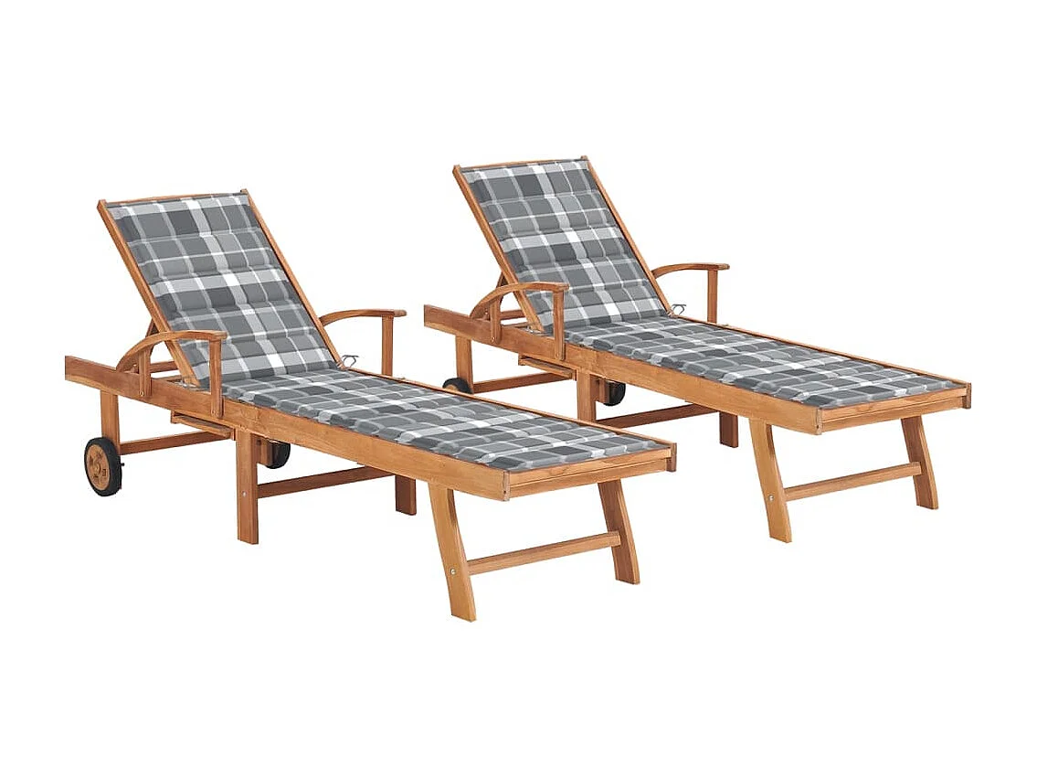 Ligbedden 2 st met grijs geruite kussens massief teakhout