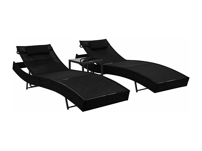 Sonnenliegen 2 Stk. mit Tisch Poly Rattan und Textilene Schwarz
