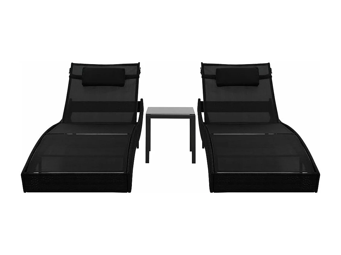 Ligbedden 2 st met tafel poly rattan en textileen zwart