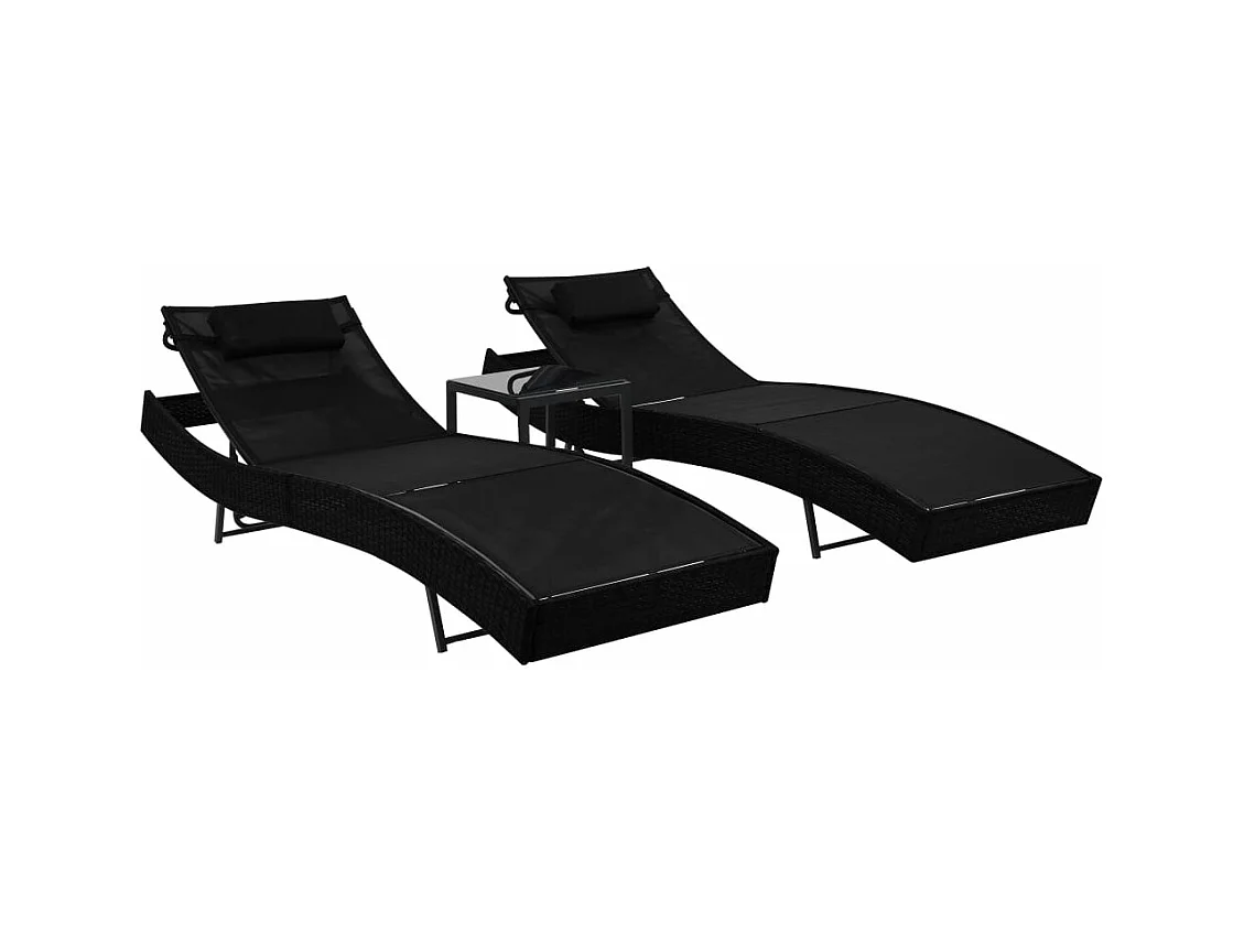 Chaise longue 2 pcs et table Résine tressée et textilène Noir