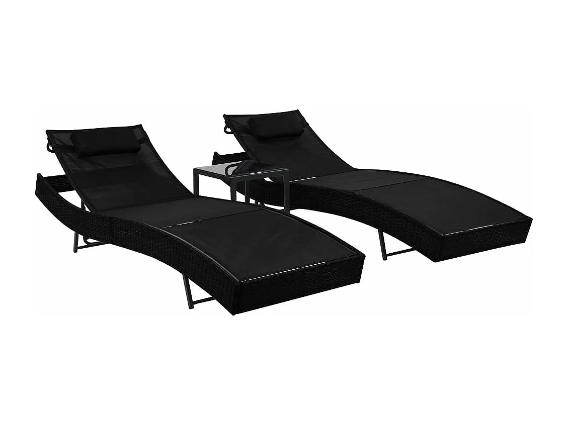 Ligbedden 2 st met tafel poly rattan en textileen zwart