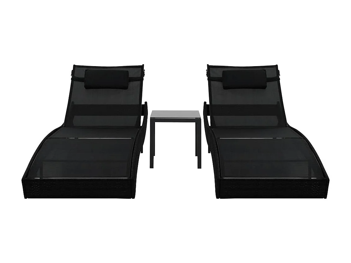 Ligbedden 2 st met tafel poly rattan en textileen zwart