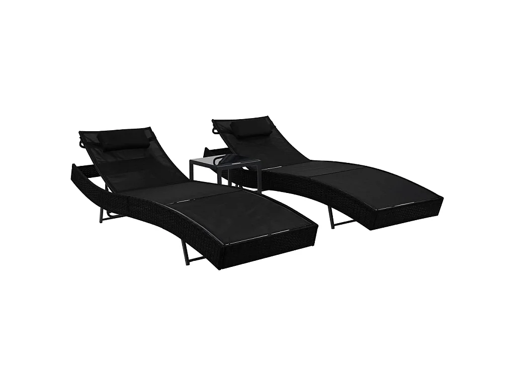 Espreguiçadeiras com mesa 2 pcs vime PE e textilene preto