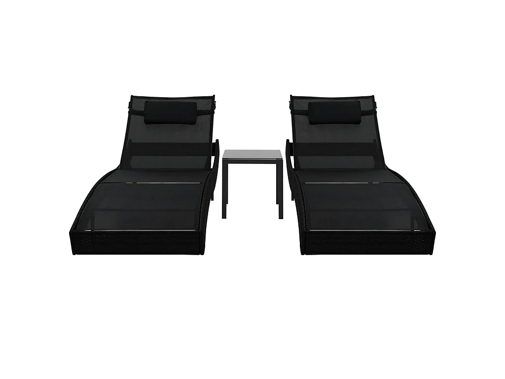 Espreguiçadeiras com mesa 2 pcs vime PE e textilene preto