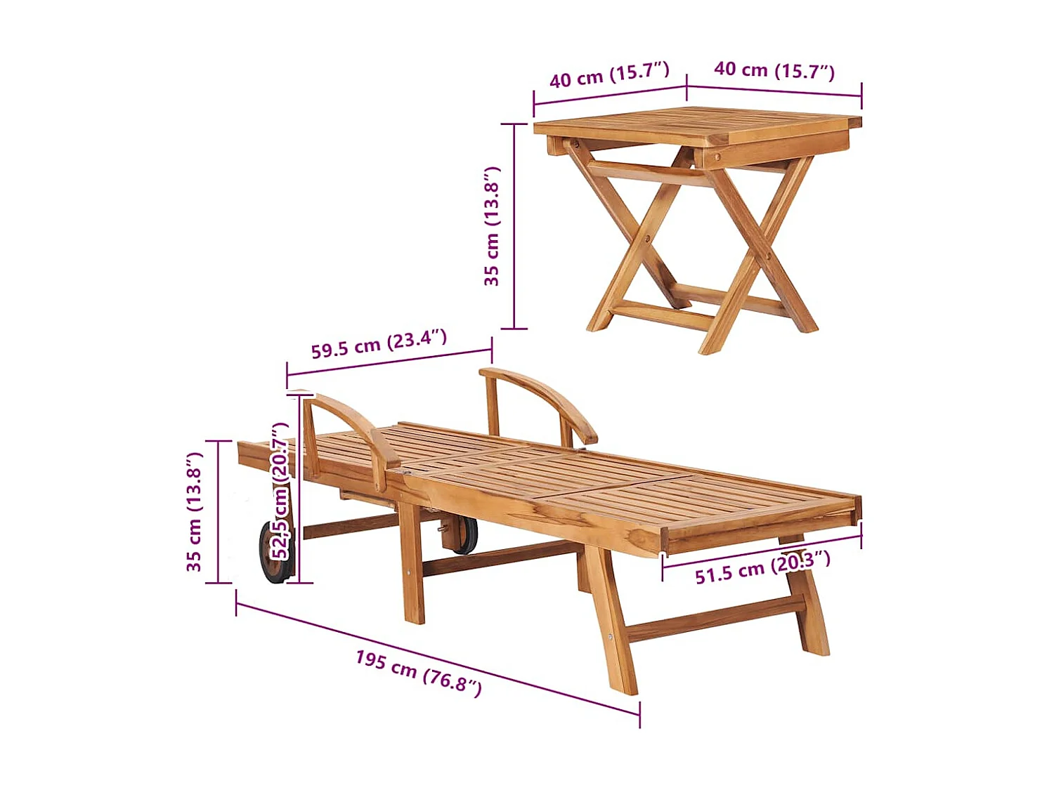 Sonnenliegen 2 Stk. mit Tisch Massivholz Teak