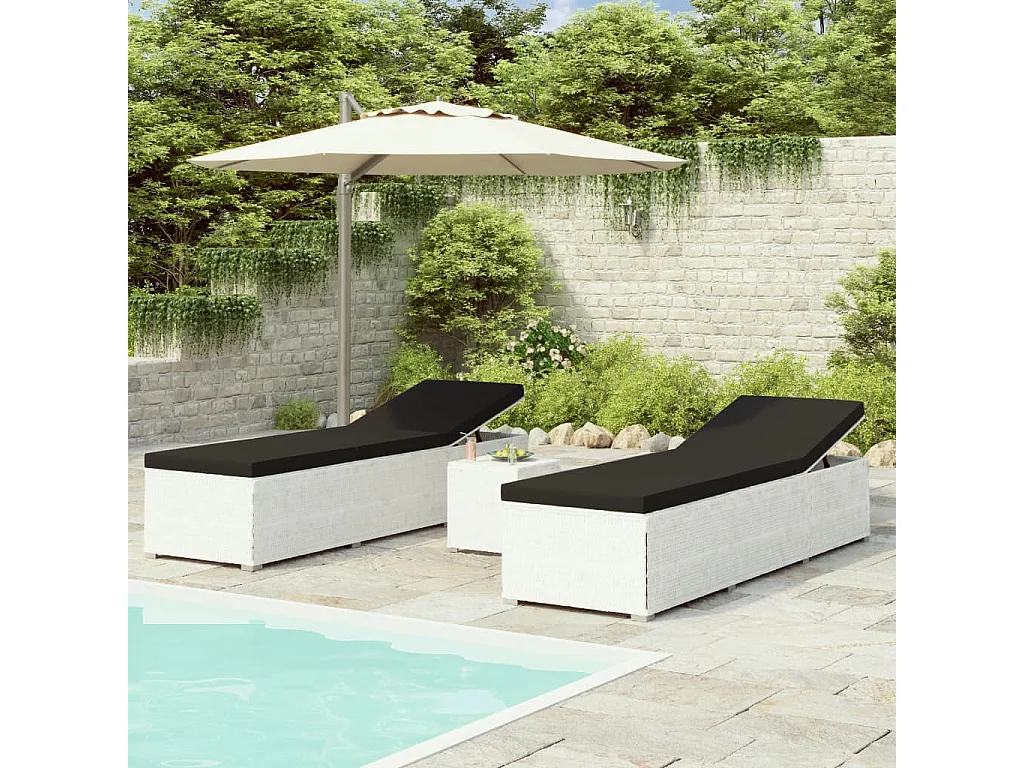 Chaises longues de jardin table à thé 3pcs Résine tressée Blanc