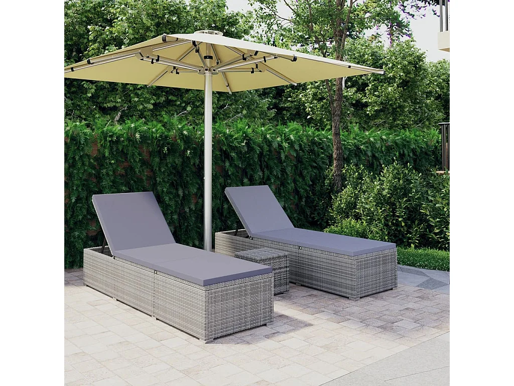 3-tlg. Garten-Sonnenliegen mit Teetisch Poly Rattan Grau