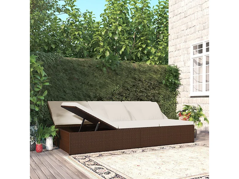 Lettino Prendisole Reclinabile con Cuscini Polyrattan Marrone
