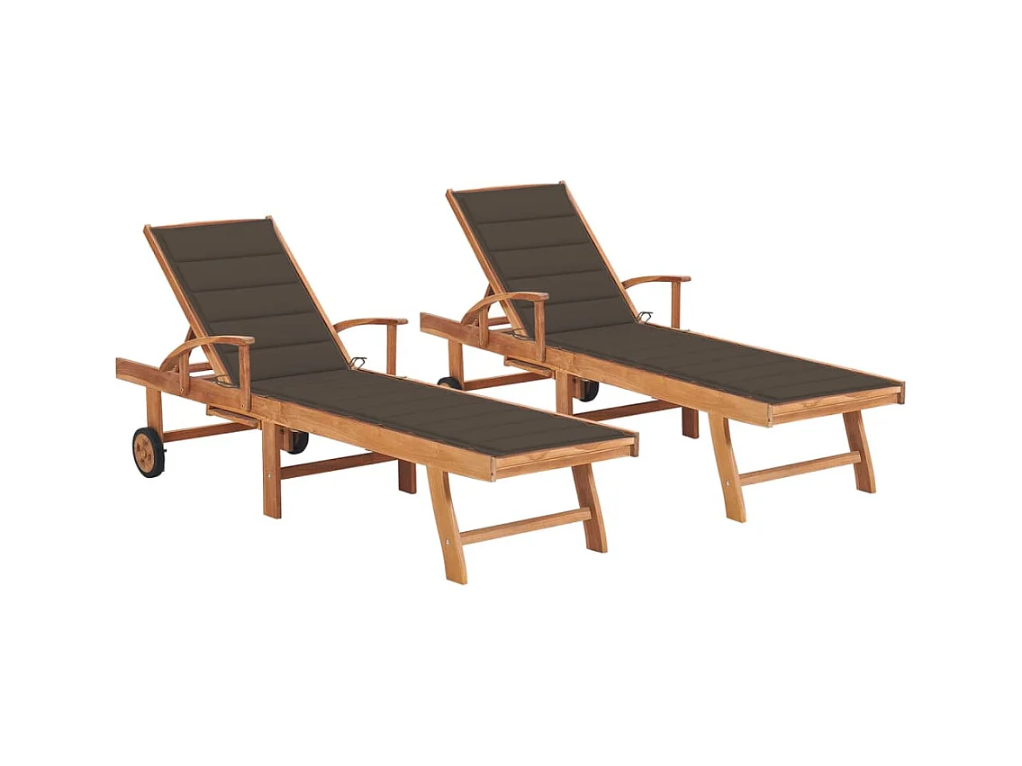 Chaises longues lot de 2 avec coussin taupe Bois de teck solide