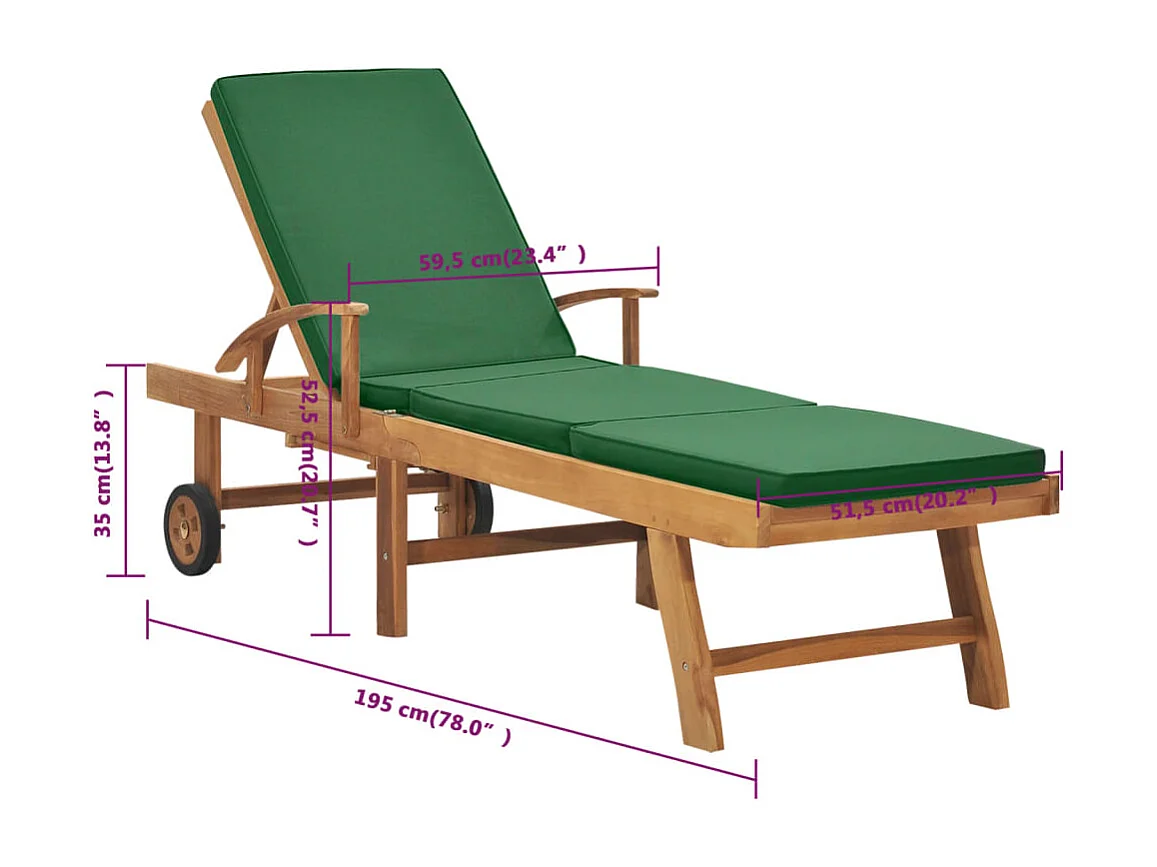 Lettino Prendisole con Cuscino in Massello di Teak Verde