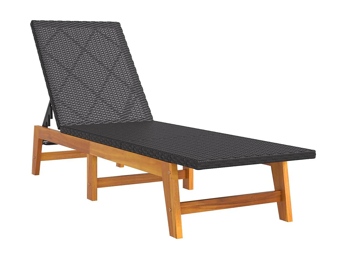 Ligbed poly rattan en massief acaciahout zwart en bruin