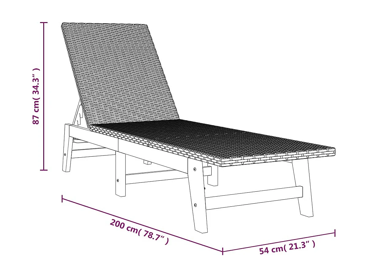 Ligbed poly rattan en massief acaciahout zwart en bruin